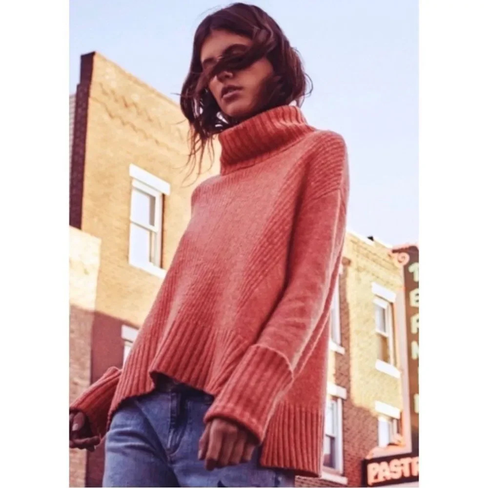 Anthropologie Moth Fireside Pink Orange Wool Turtleneck Sweater